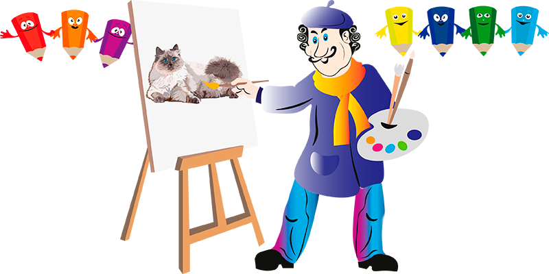 художник рисует кошку